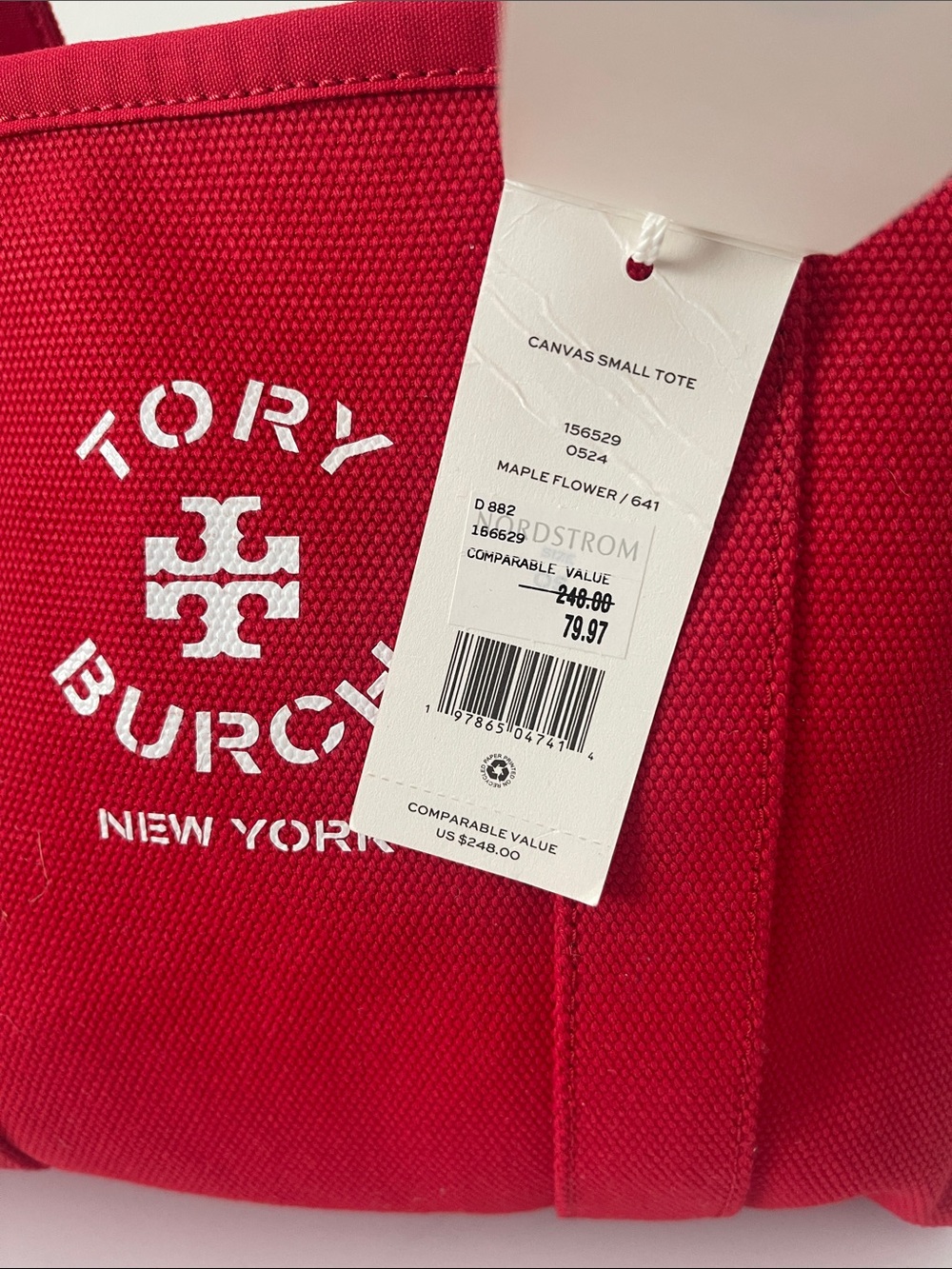 Tory Burch Small Red Canvas Tote with Logo Patch - Picture 5 of 5